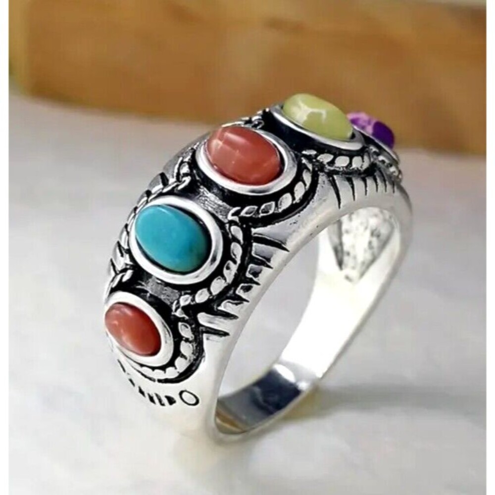 Antique Silver ROPE Ring TURQUOISE Coral Purple Size 7